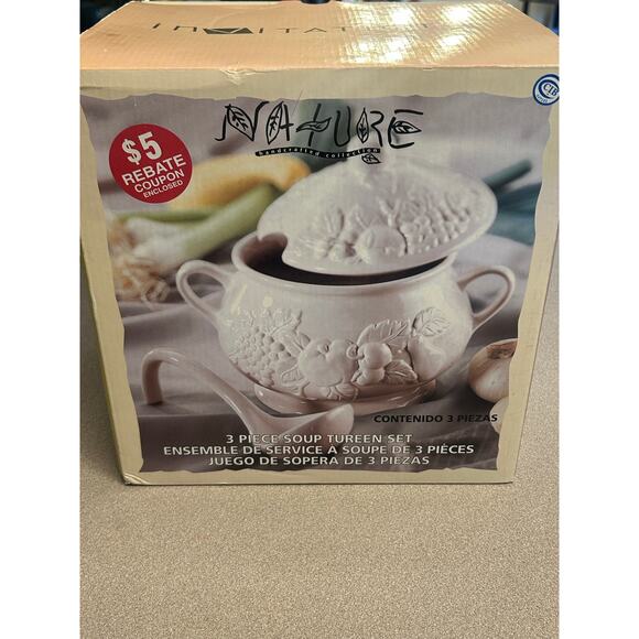 VTG NIB Nature Handmade Collection 3PC Soup Tureen Set White/Ceramic/Fruit Theme - Picture 1 of 5